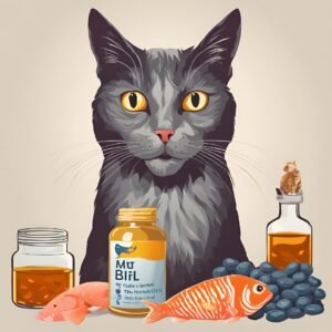 a cat standing with fish oil