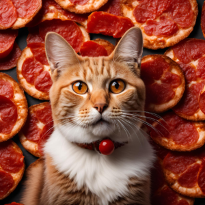 a orange cat with pepperoni