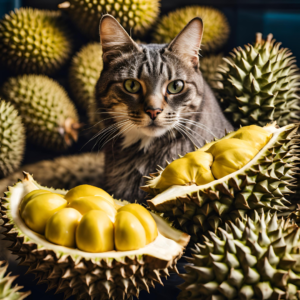 A tabby cat surrounded by whole and halved durians, with the fruit's yellow flesh exposed. The cat gazes forward, sitting among the spiky tropical fruits.