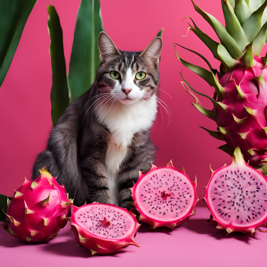 Cat sitting beside dragon fruit, surrounded by vibrant pink fruit halves. Exploring whether dragon fruit is safe for cats.