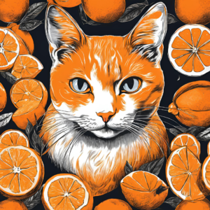 Illustration of an orange and white cat surrounded by whole and sliced oranges, highlighting the topic of whether cats can eat oranges.