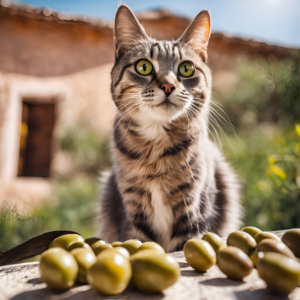 Cat enjoying a small piece of olive, a safe snack in moderation.