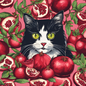 A black-and-white cat surrounded by vibrant red pomegranates, with its striking yellow eyes standing out against a pink background.