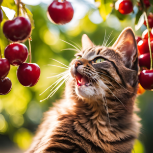 Tabby cat looking curiously at a bunch of cherries on a tree. Can cats eat cherries? What you need to know.