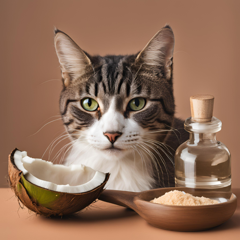 Is coconut oil safe for cats? Tabby cat beside coconut oil and coconut pieces, highlighting the benefits and risks of coconut oil for cats.