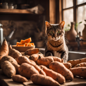 A cat sitting next to a pile of sweet potatoes, with a few cut pieces nearby.