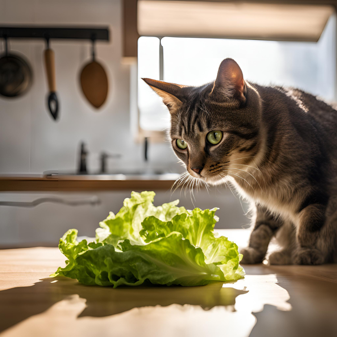 Can cats eat lettuce? A curious tabby cat examines fresh lettuce on a kitchen counter.