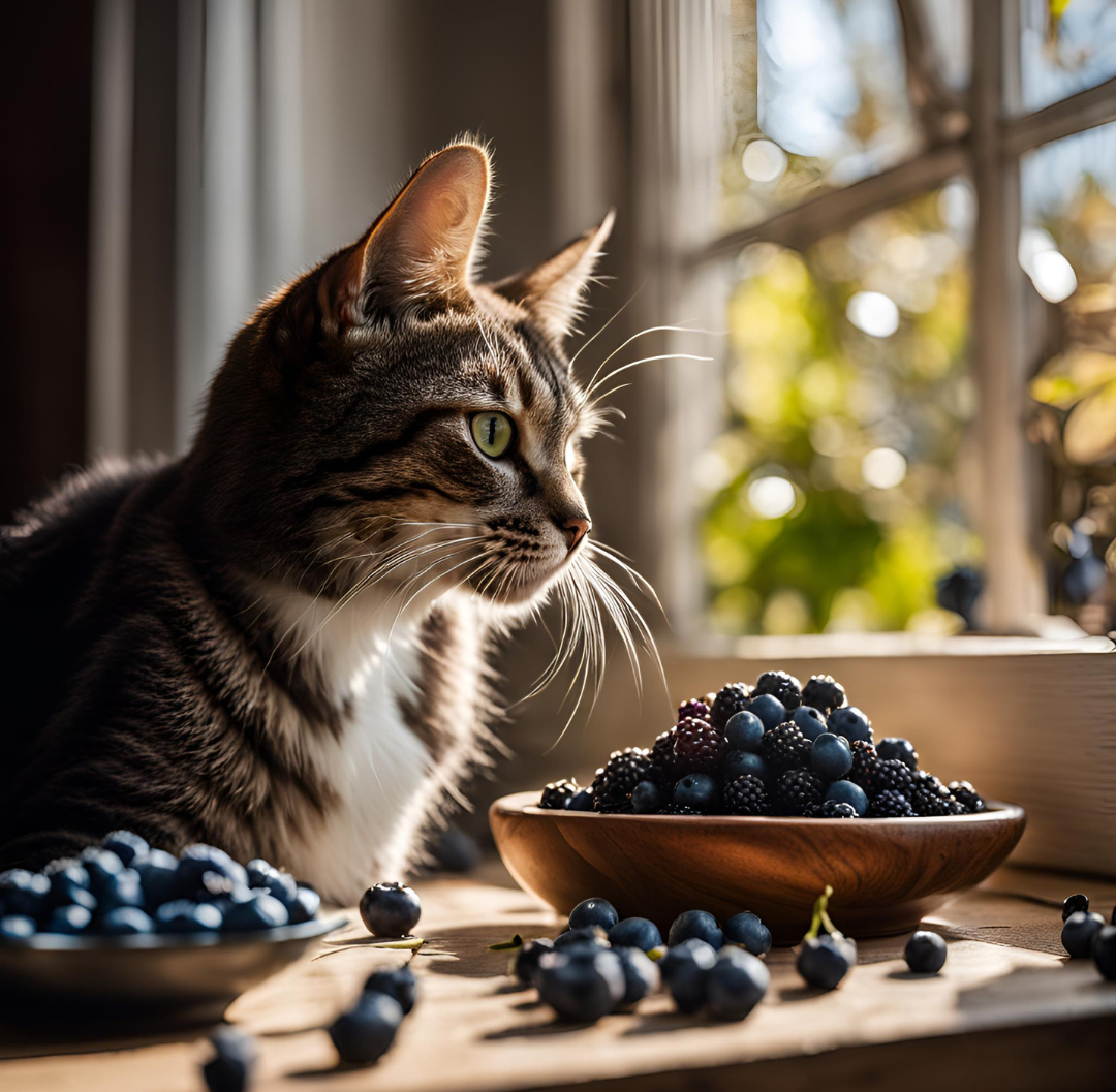 A tabby cat contemplating blueberries on a table, illustrating the question: Can cats eat blueberries? What every cat parent should know!