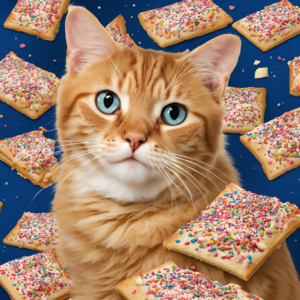 Can cats eat Pop-Tarts? This image features a ginger cat with blue eyes surrounded by colorful, sprinkled Pop-Tart pastries against a blue background. The fun and whimsical scene highlights the question of whether Pop-Tarts are safe for cats.