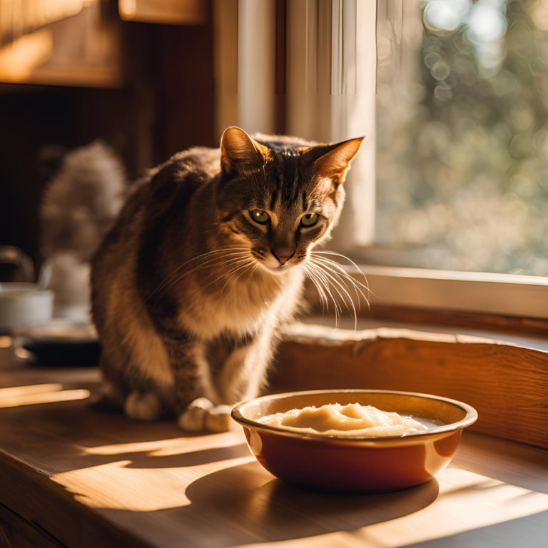 Curious cat looking at a bowl of applesauce on a sunny kitchen counter, highlighting the relationship between cats and applesauce.